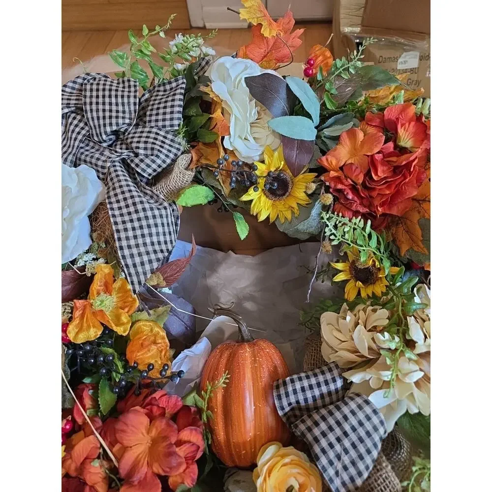 Handmade Autumn Fall Wreath Pumpkin Sunflower Buffalo Plaid Farmhouse Orange...
